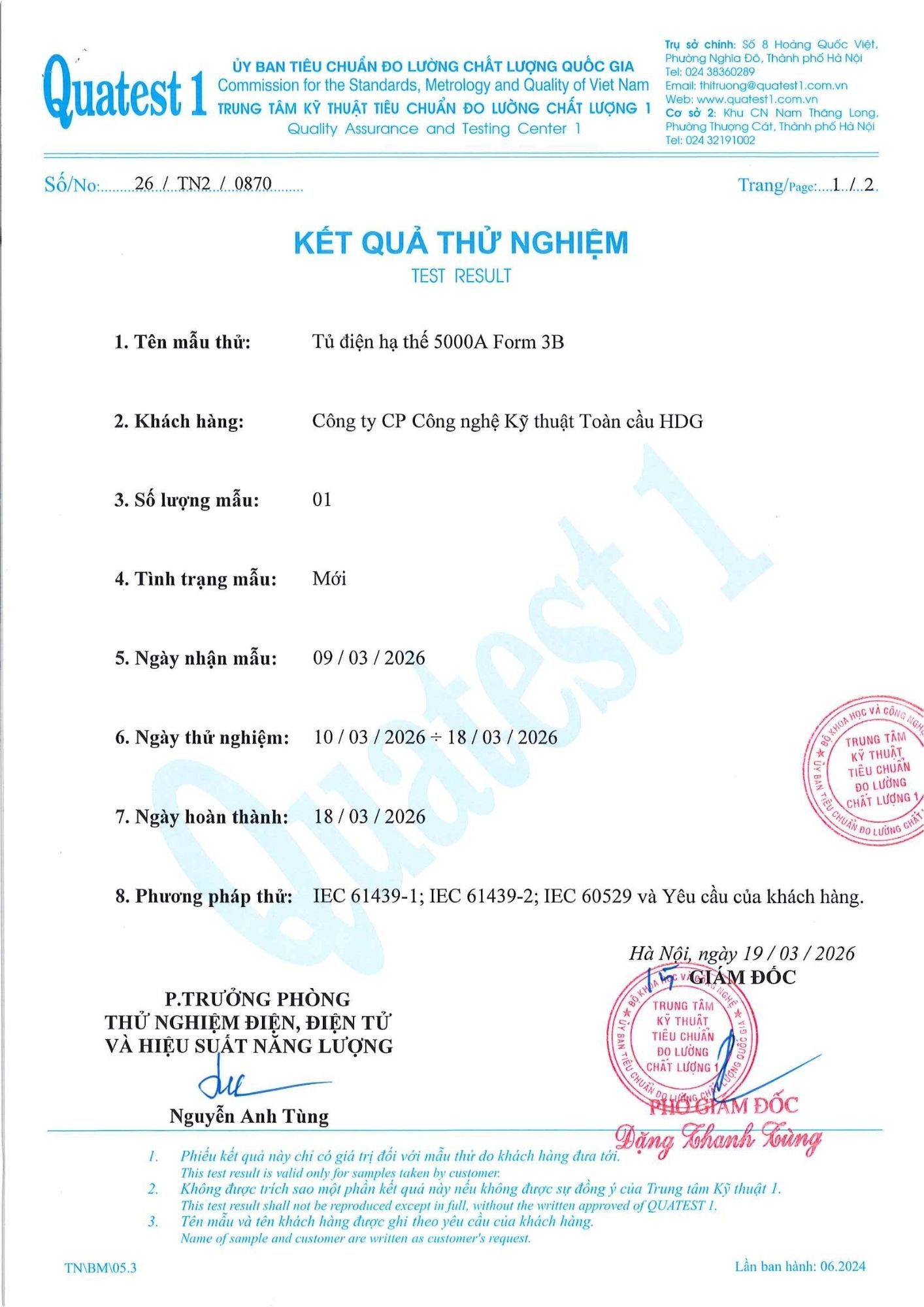 Kết quả thử nghiệm tủ điện